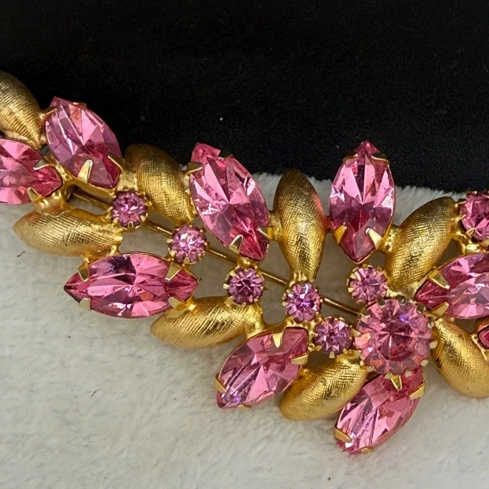 Vintage Rhinestone Brooch Pink Gold Tone Leaf Spray